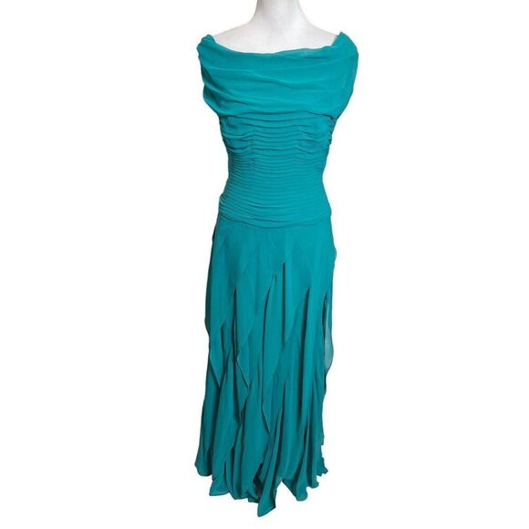 Tadashi Shoji Off Shoulder Maxi Dress Blue Women’s Size 8 Pleated Chiffon - Picture 2 of 16